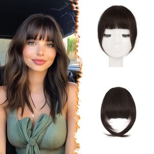 Clip-In‎ Human Hair Bangs • Dark Brown French Wispy Bangs with Side Temples •
